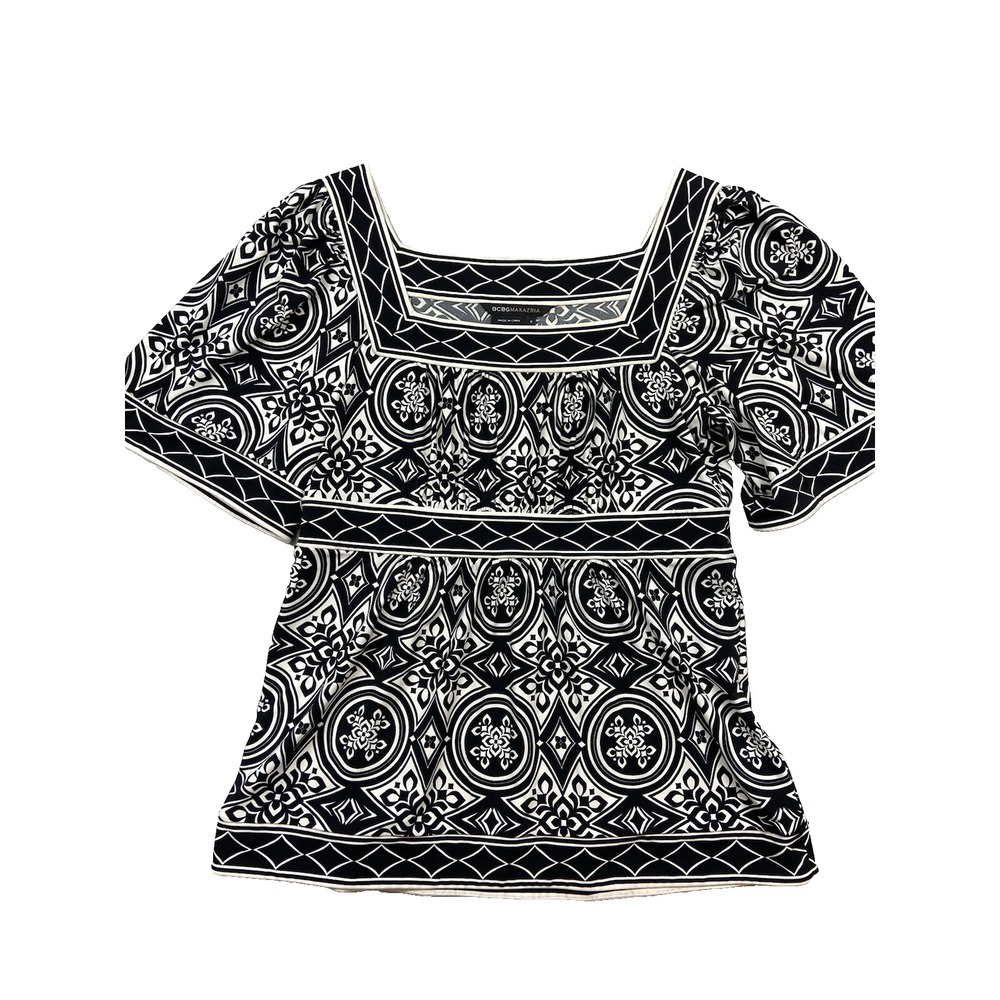 BCBGMAXAZRIA Womens Black Geometric Blouse Small Short Sleeve Square Neck‎